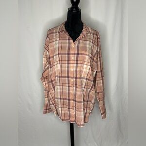 LOFT Plaid Button Down Shirt in Pink and Brown